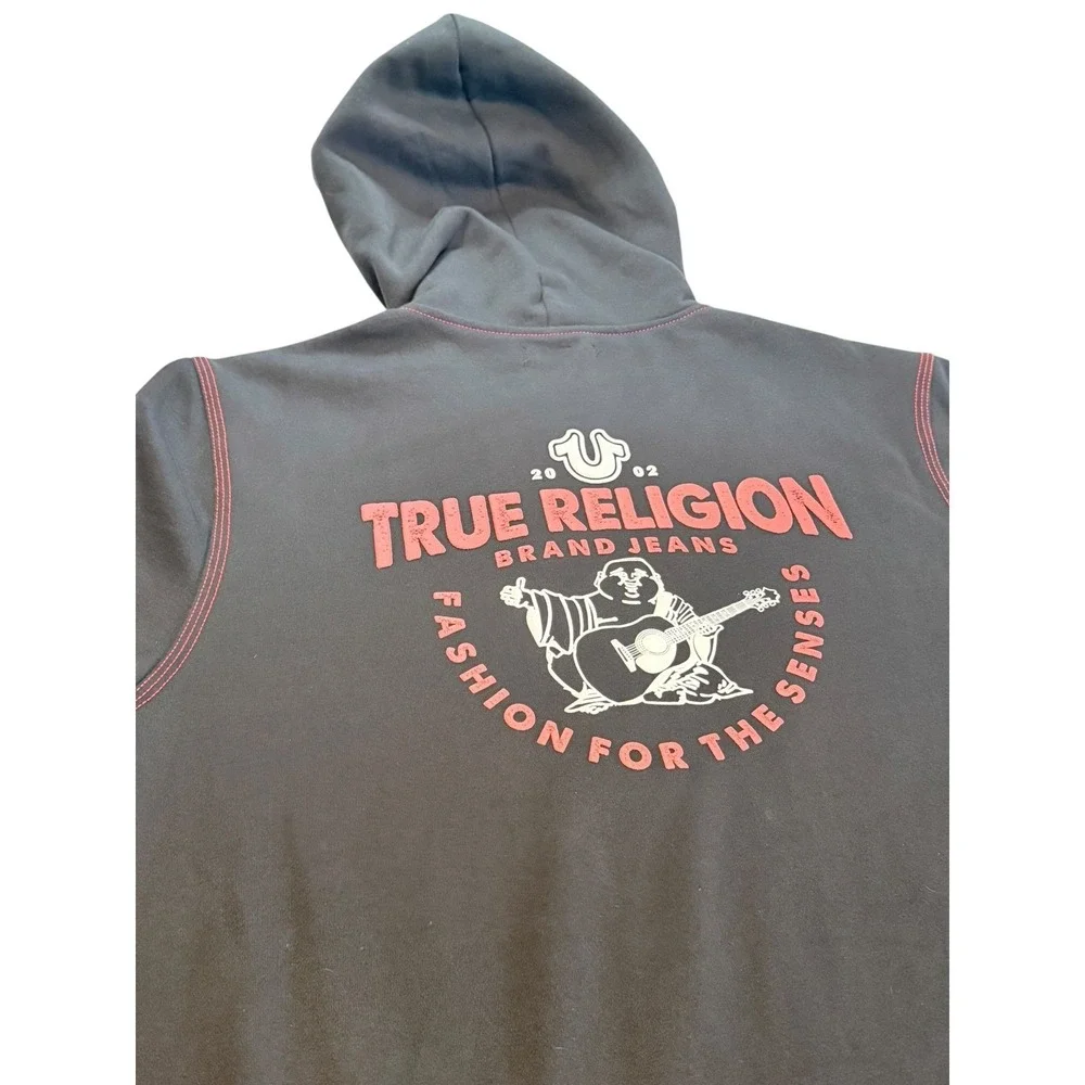 True Religion Full Zip Hoodie Mens XXL 2X Black Red Stitching Buddha Logo Y2K